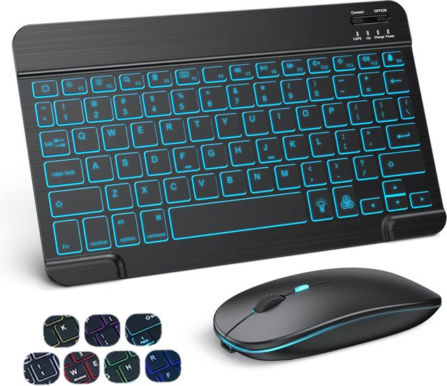 SZEGYCHX Bluetooth-Tastatur und Maus Set mit Hintergrundbeleuchtung für 10 Zoll iPad, iOS, Android und Windows, Schwarz - Bild 1