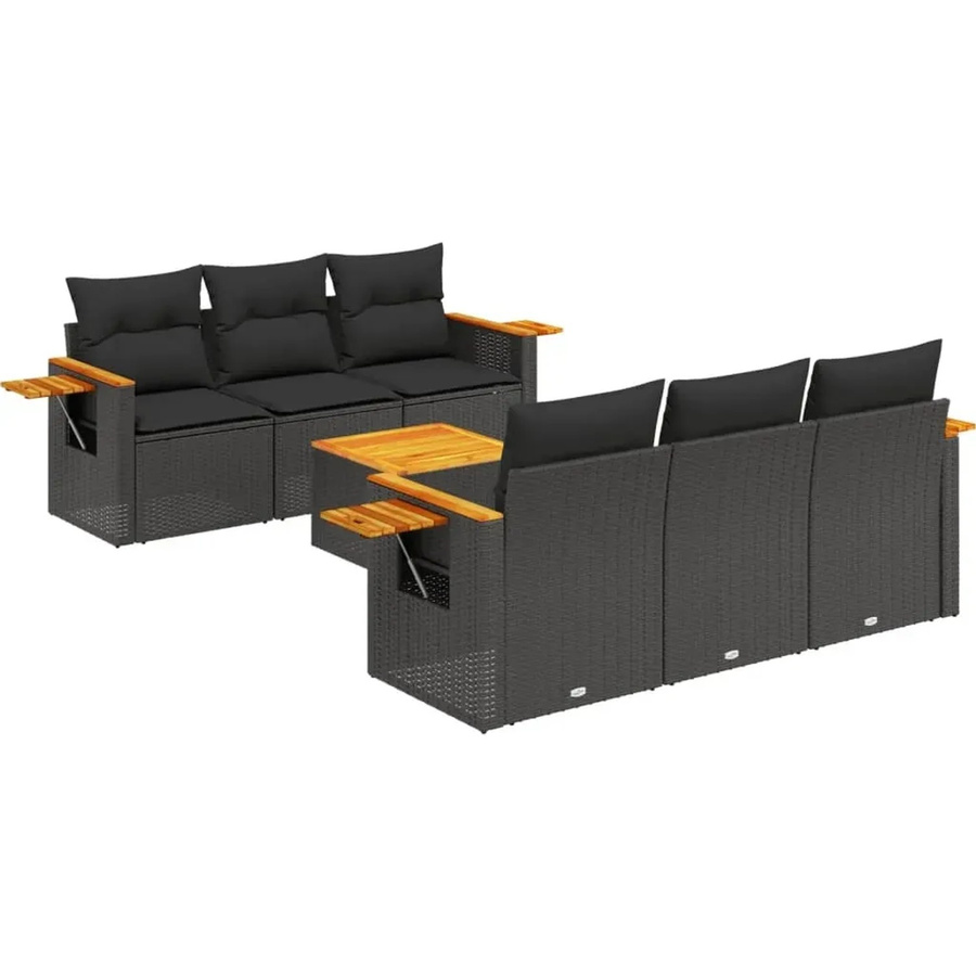vidaXL 7-tlg Garten-Sofagarnitur aus Poly-Rattan und Akazienholz mit Kissen, Schwarz - Bild 2