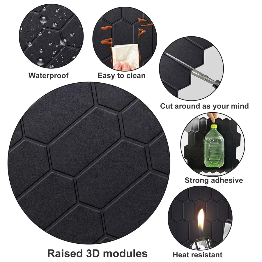 Vividtiles Wandfliesen 3D-Sechskant-Fliesenaufkleber in Schwarz Matt, 10 Blatt wasserdichte Vinyl-Tapete für Küche und Badezimmer - Bild 2