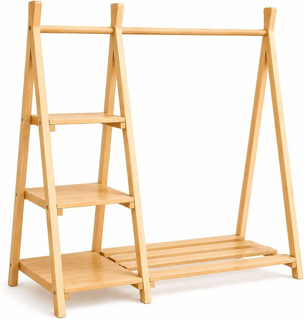 Relaxdays Kleiderständer für Kinder aus Kiefernholz Natur mit Regal im skandinavischen Design, Farbe: Beige/Braun - Bild 1