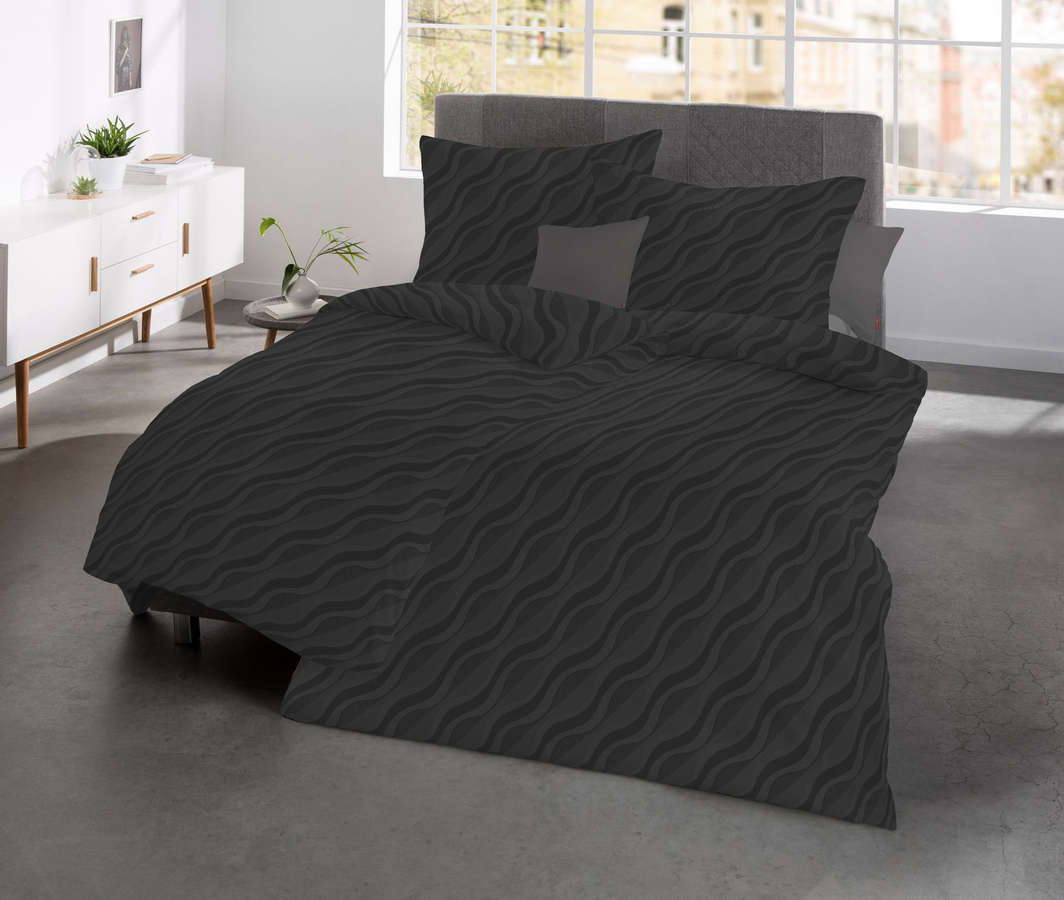 Fleuresse Jacquard Bettwäsche Set Wellen Espresso Braun, B/H: 135 x 200 cm mit Kissen 80 x 80 cm - Bild 1