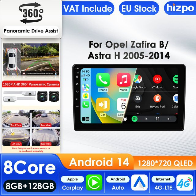 Hizpo Android 14 Autoradio mit Carplay und 4G für Opel Astra H (2004-2014) und Zafira B, Multimedia Video Player mit GPS, Schwarz - Bild 1