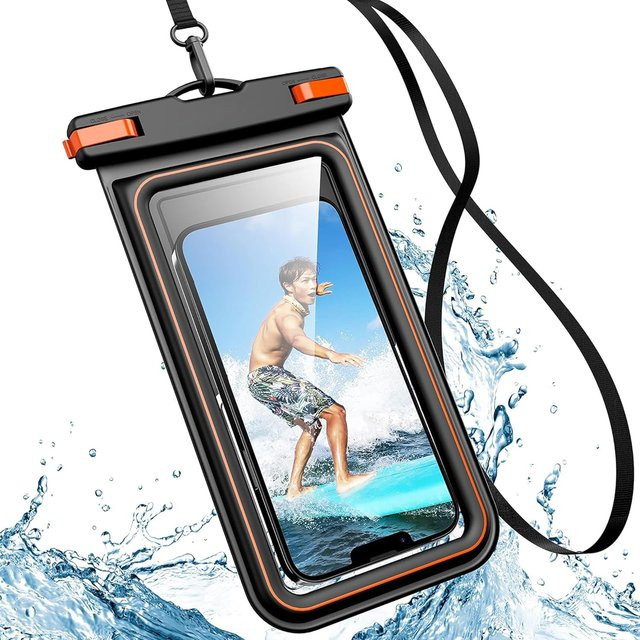 Wasserdichte schwimmende Handytasche von JoniSerl mit IPX8 Schutz für iPhone und Samsung in Schwarz und Gelb - Bild 1