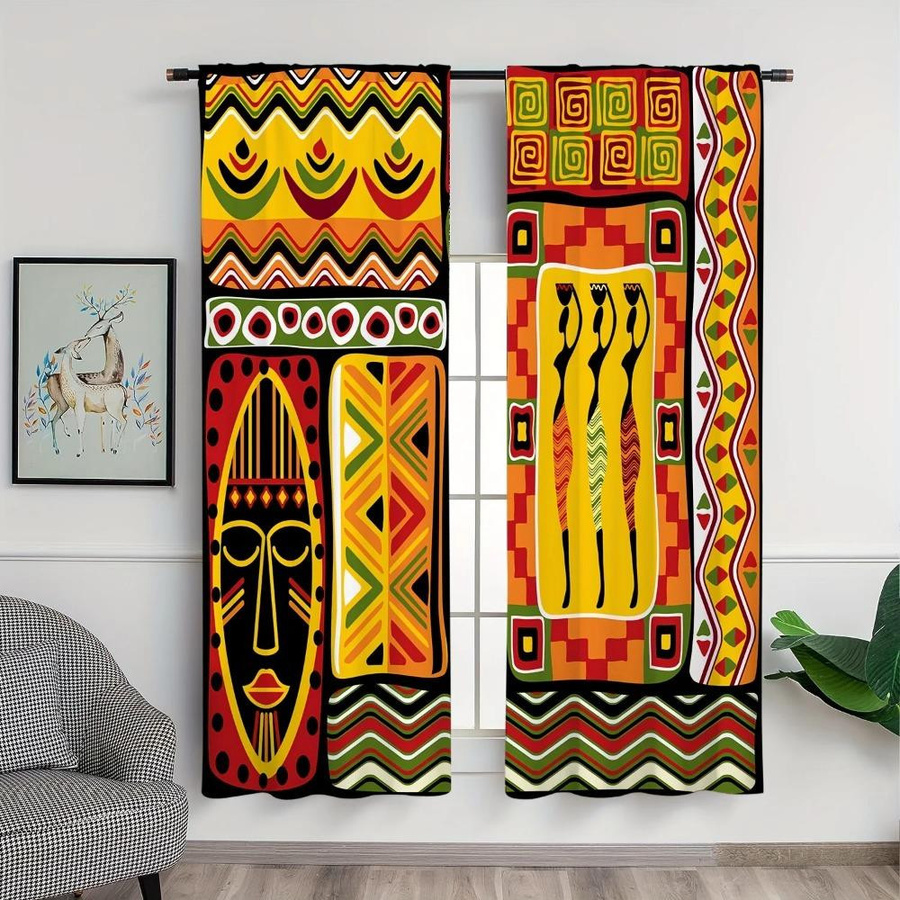 2er-Set Yiran Furniture Vorhänge mit afrikanischem Muster in Multicolour, halbtransparente Ethnisch-Stil Dekorschals aus Polyester, Breite: 100 cm, Höhe: 130 cm - Bild 1