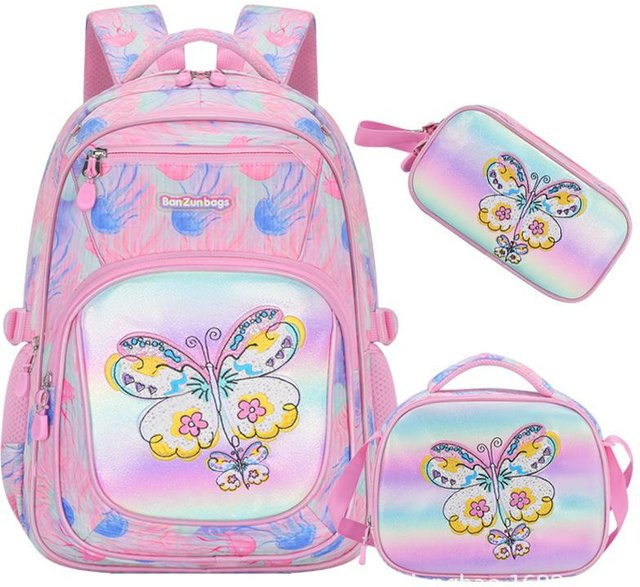 Schultaschen-Set für Mädchen mit Regenbogen-Farbverlauf und Schmetterlings-Design, bestehend aus Rucksack mit großer Kapazität, Brotdose und Federmäppchen, Farbe: Multicolour/Weiß, B/T/H: 42 x 32 x 20 cm - Bild 1