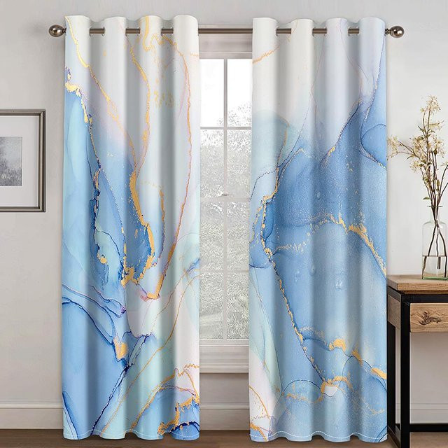 2-teiliger semi-transparenter Polyestervorhang mit 3D-Marmor-Design in Grün, Gold und Grau von Your Warm Home, Breite: 100 cm, Höhe: 130 cm - Bild 1