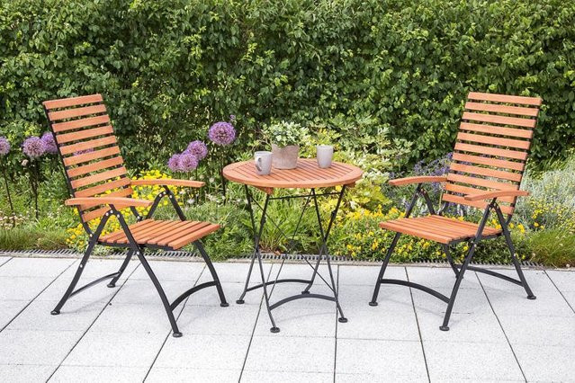 Merxx Gartenmöbel Set Schlossgarten aus Eukalyptusholz und Flachstahl, 3-teilig, Schwarz/Braun - Bild 1