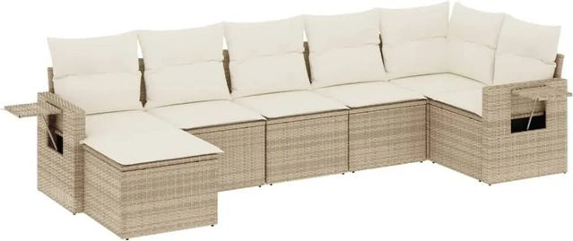 vidaXL 7-tlg Garten-Sofagarnitur in L-Form aus Poly-Rattan mit Kissen in Beige-Creme - Bild 1