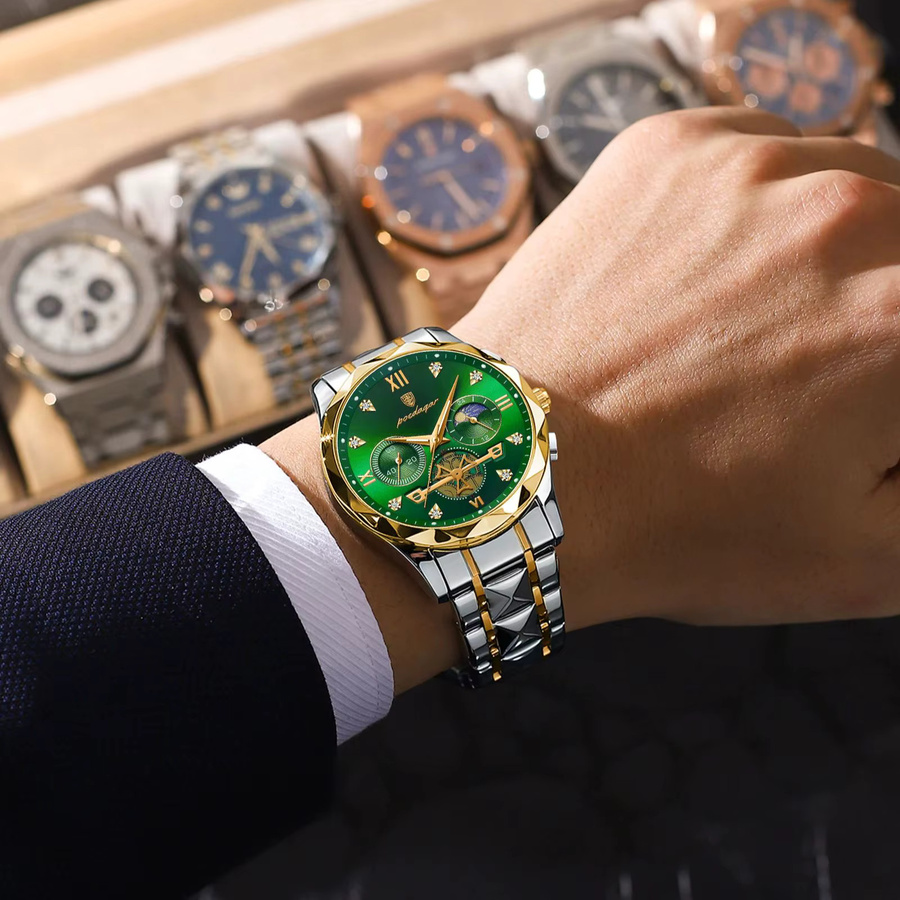 POEDAGAR Armbanduhr Chronograph, Edelstahl, Quarz, Herren, Grün, Silber - Bild 5