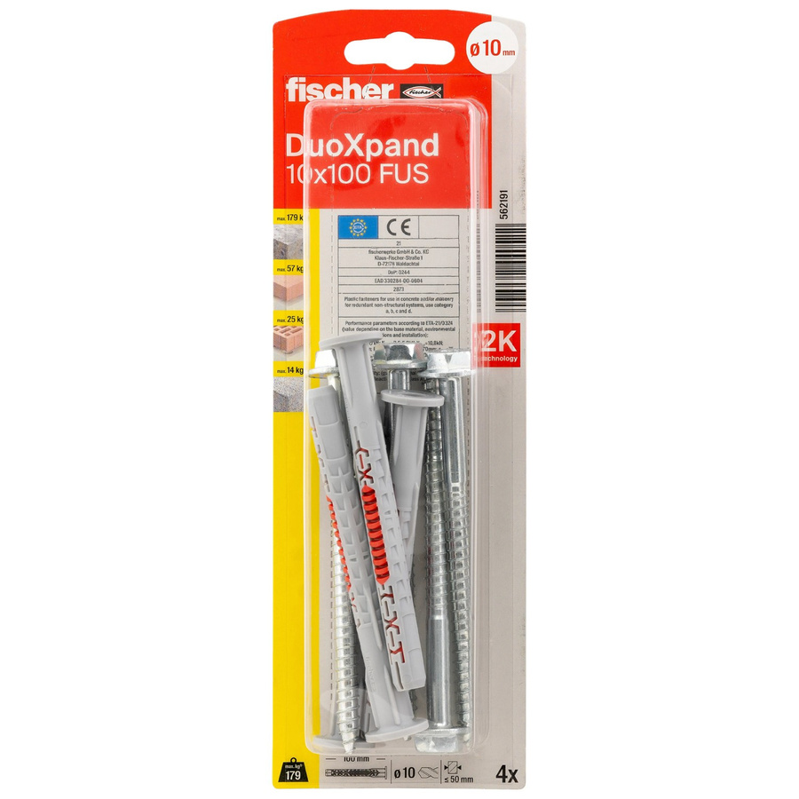 Fischer Langschaftdübel DuoXpand FUS in Grau, Durchmesser: 10 mm, Länge: 100 mm, inklusive 4 Sechskantschrauben und U-Scheiben - Bild 2