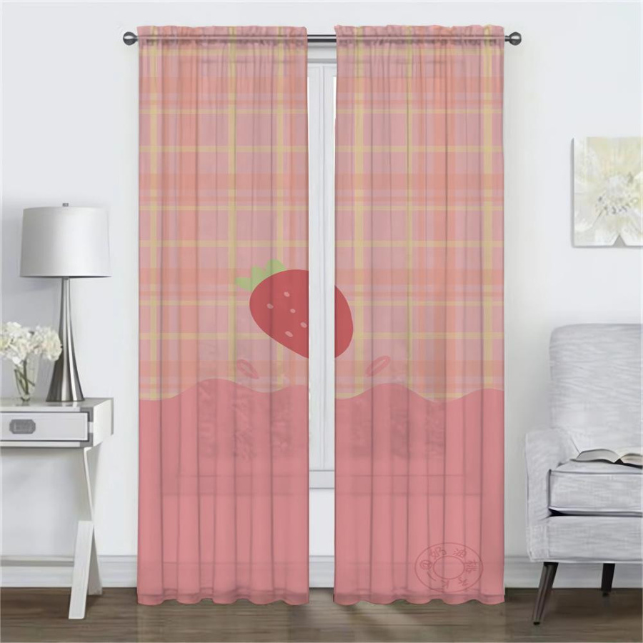 Fenstervorhang Set mit Erdbeer-Motiv in Rot und Pink, 2 Paneele, semi-transparent, Breite: 50 cm, Höhe: 70 cm - Bild 1