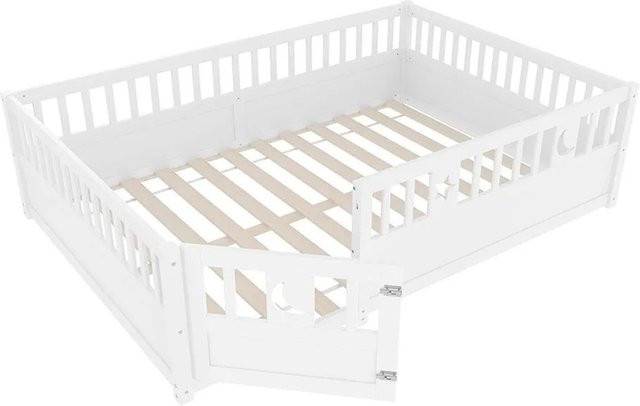 KOMHTOM Kinderbett aus Kiefernholz mit Sicherheitsgitter und Sternen- sowie Mondmotiv in Weiß, B/T/H: 140 x 190 x 55 cm - Bild 1