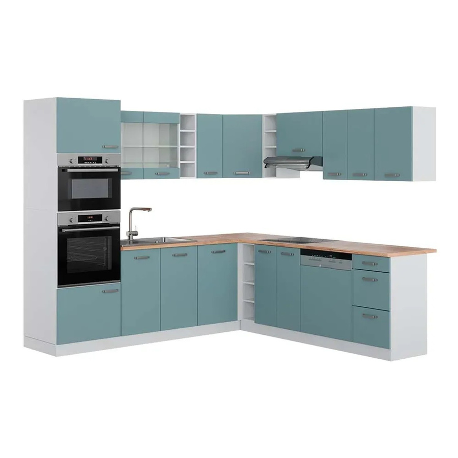 Vicco R-Line Einbauküche in L-Form in Blau-Grau-Weiß mit Eiche-Optik, B/T/H: 237 x 247 x 206,8 cm - Bild 1
