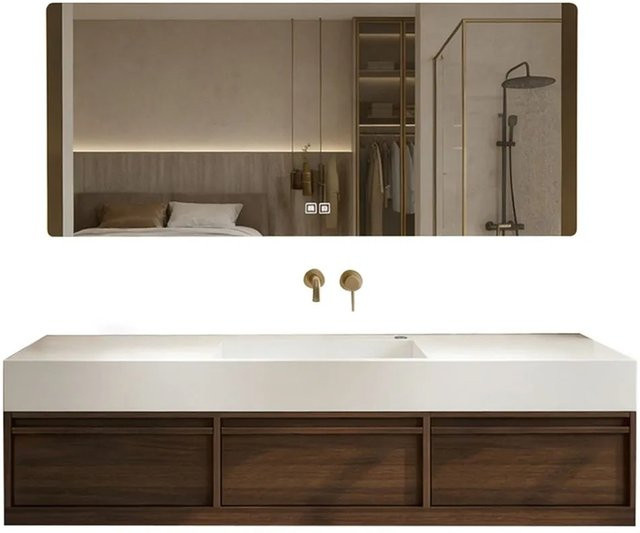 360Home Badmöbel Set mit Sinterstein Waschbecken, Spiegelschrank mit LED-Beleuchtung und Anti-Beschlag-Funktion sowie Unterschrank und Seitenschrank, Braun, B/T/H: 140 x 55 x 4.0 cm - Bild 1