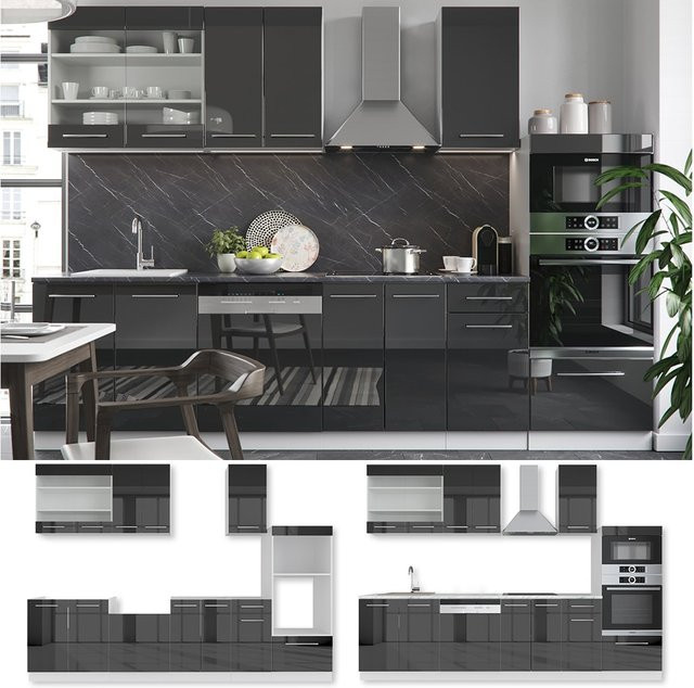 Vicco Fame-Line Küchenzeile in Anthrazit Hochglanz mit Softclose-Funktion Breite: 240 cm - Bild 1