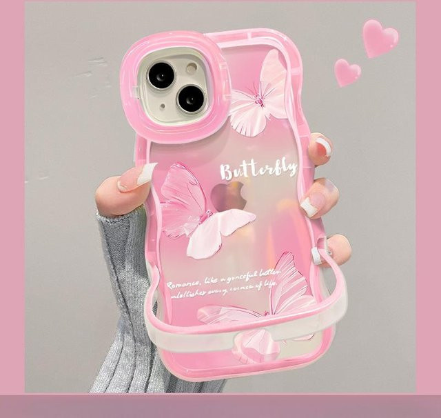Transparente Handyhülle mit Schmetterlings-Design und Wellenkante für Apple iPhone 15 Pro, iPhone 14 und iPhone 13, inklusive unsichtbarer Doppelhalterung, Farbe: Transparent/Pink - Bild 1