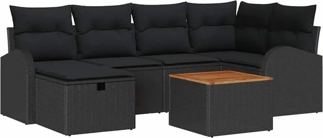 vidaXL Garten-Sofa-Set aus Poly Rattan in Schwarz mit Kissen, 7-teiliges L-Shape Lounge-Set mit Tisch, Eckstuhl, Armsofas, Mittelsitzen und Fußhocker - Bild 1