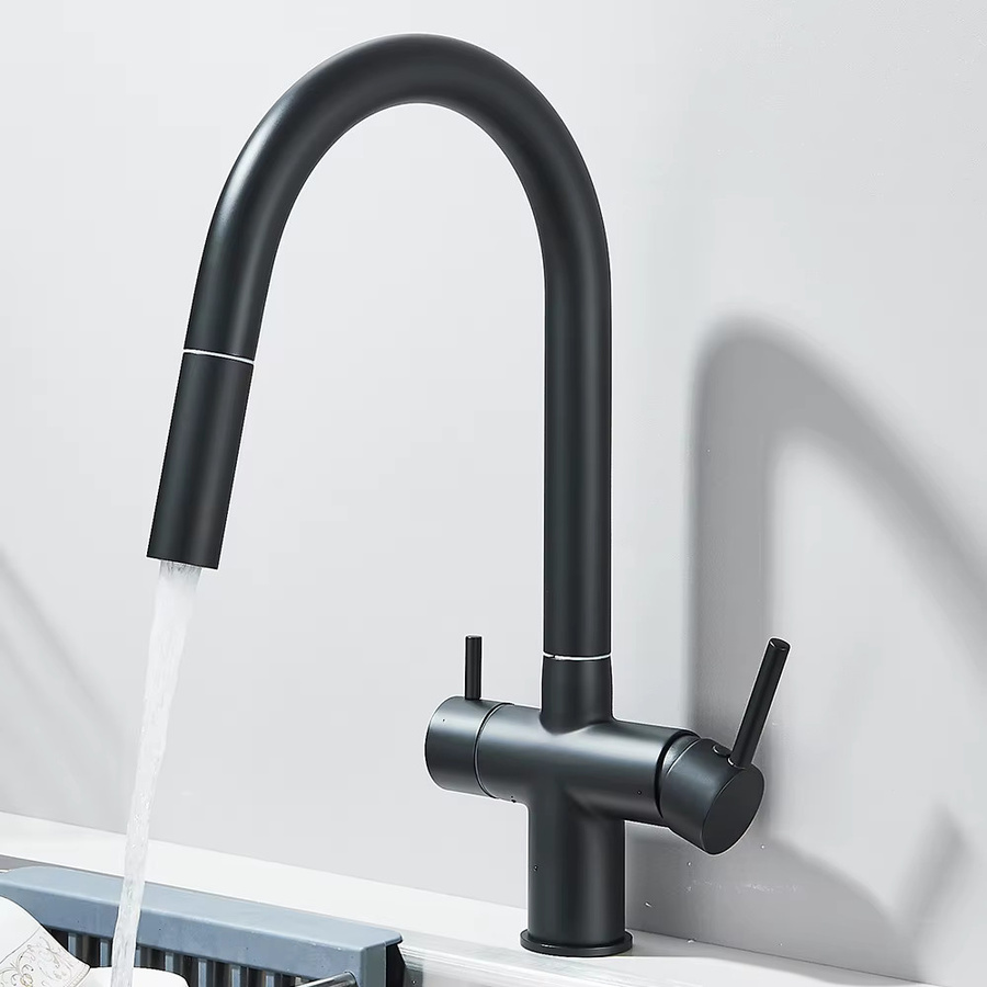 Quyanre Küchenarmatur aus Messing mit ausziehbarer Brause und Wasserfilter, Farbe: Silber/Schwarz, gebürstetes Nickel - Bild 3