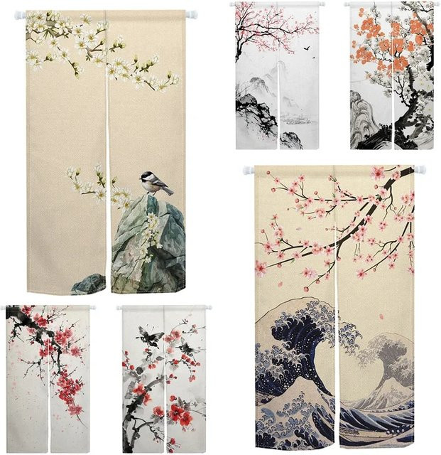 VIKAMA Japanischer Noren-Vorhang mit Kirschblüten, Vögeln und Kanagawa-Wellen, Mehrfarbig, Höhe: 130 cm, Breite: 80 cm - Bild 1
