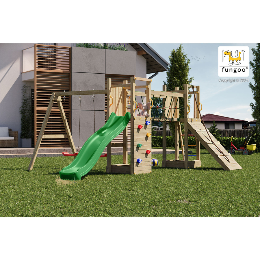Fungoo Spielturm Maxi Funny Exposure in Natur mit Doppelschaukel, Rutsche, Kletterwand und Rampe - Bild 2