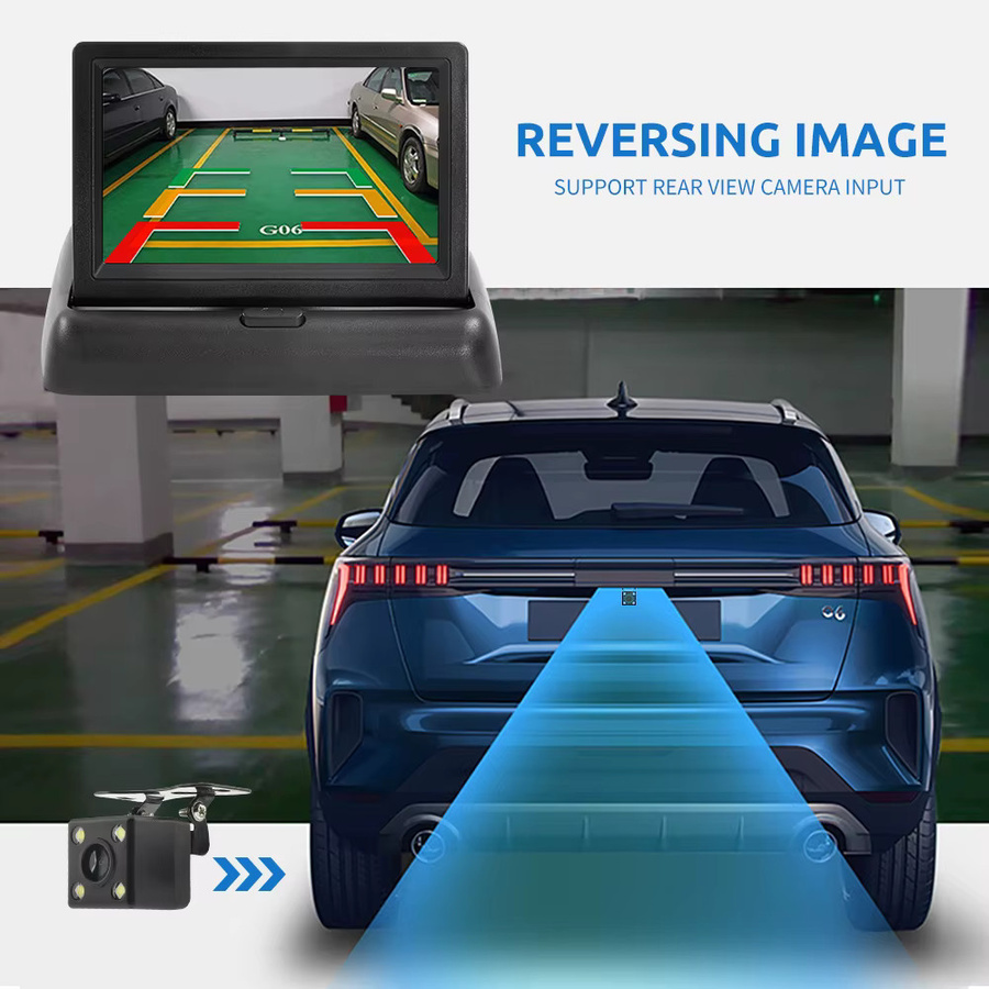 BYNCG Klappbarer Auto Monitor mit 4,3 Zoll TFT LCD HD Bildschirm und LED Rückfahrkamera in Schwarz - Bild 3
