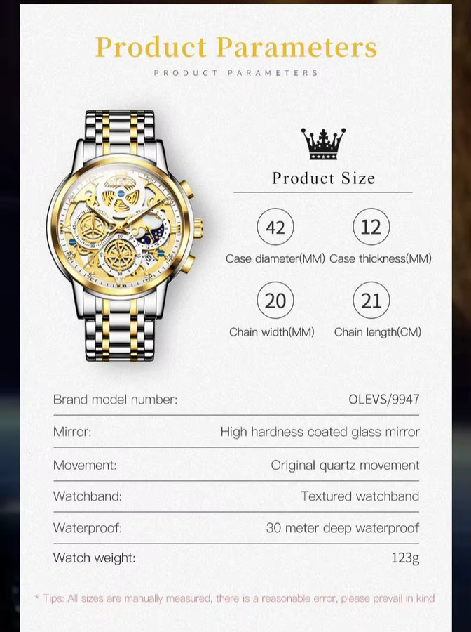 OLEVS Armbanduhr Chronograph, Mondphase, Quarz, Gold, Edelstahl, Herren - Bild 6