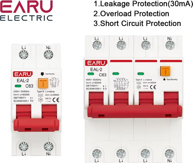 EARU Elektronischer Fehlerstromschutzschalter RCBO Typ A AC 230V mit Kurzschluss- und Überstromschutz 30mA in Weiß - Bild 1