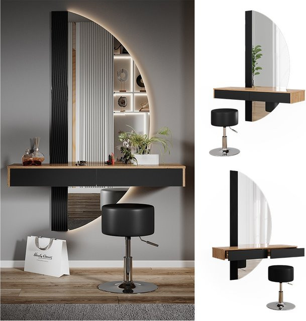 Vicco Schminktisch Melisa mit Beleuchtung und Hocker, Eiche Schwarz, Breite: 120 cm - Bild 1