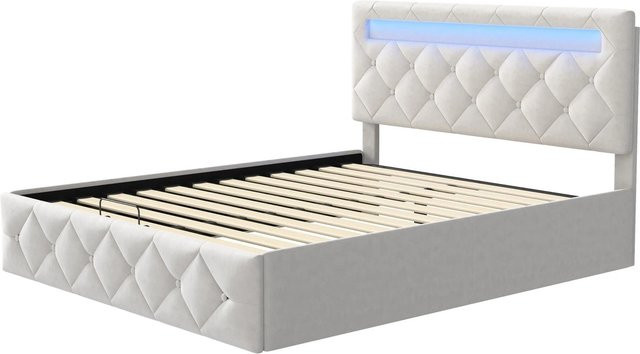 PXloue Doppelbett mit verstellbarem Kopfteil und Stauraum aus Samt in Elfenbeinweiß, B/T/H: 140-160 x 200 x 146 cm - Bild 1
