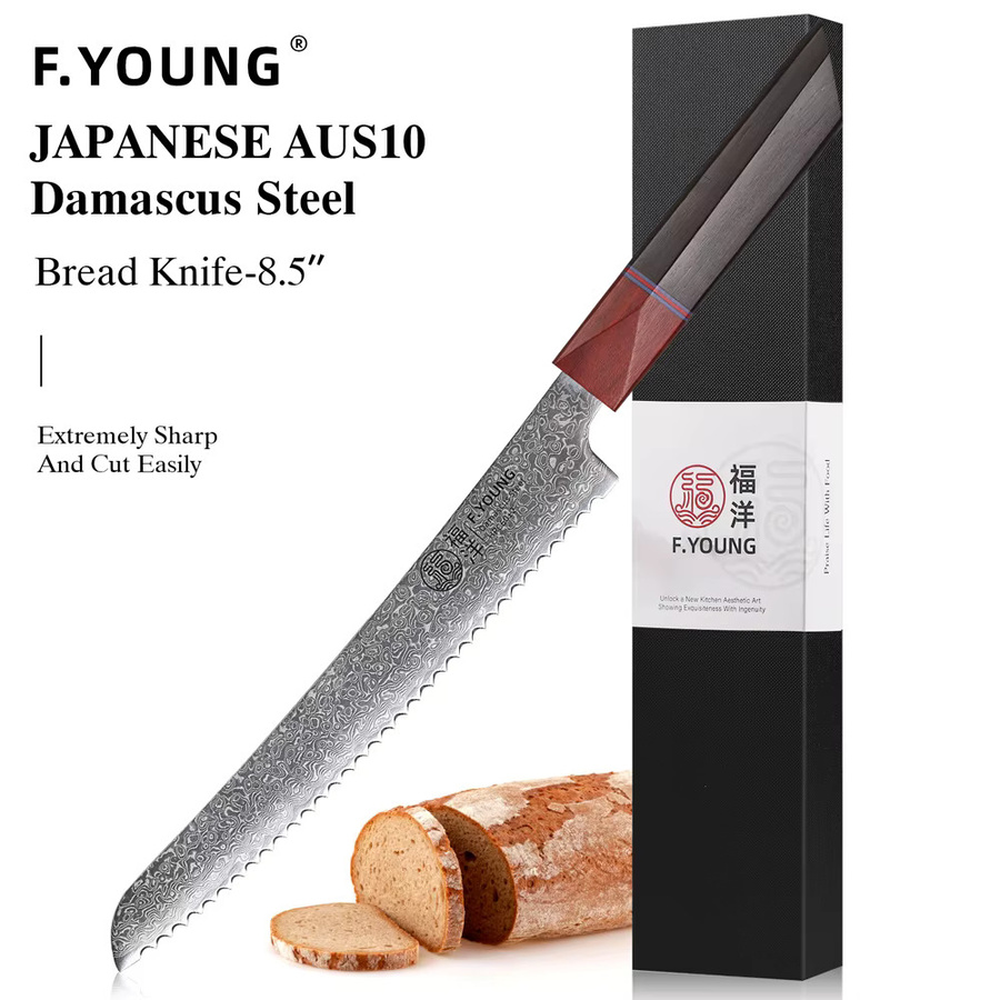 F.YOUNG Professionelles gezahntes Brotmesser aus Damaststahl mit Holzgriff, 21,59 cm - Bild 6