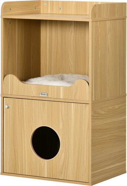PawHut Katzenklo als Katzenstreu-Möbel und Aufbewahrungsschrank mit 3 Ebenen, Fach mit Tür und Kissen, Beige/Braun, B/T/H: 60 x 45 x 103 cm, Aosom - Bild 1