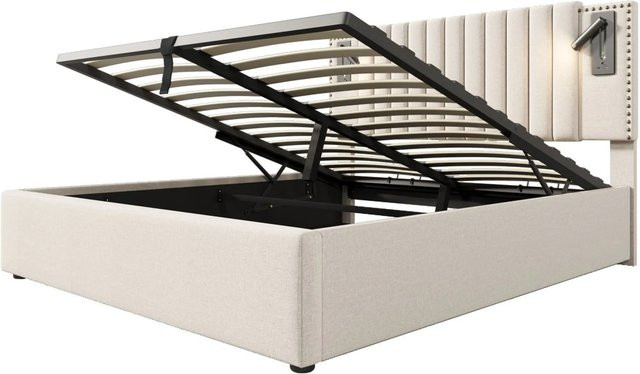 okwish Polsterbett mit Stauraum und USB-Anschluss in Beige, B/T/H: 140 x 200 x 147 cm - Bild 1