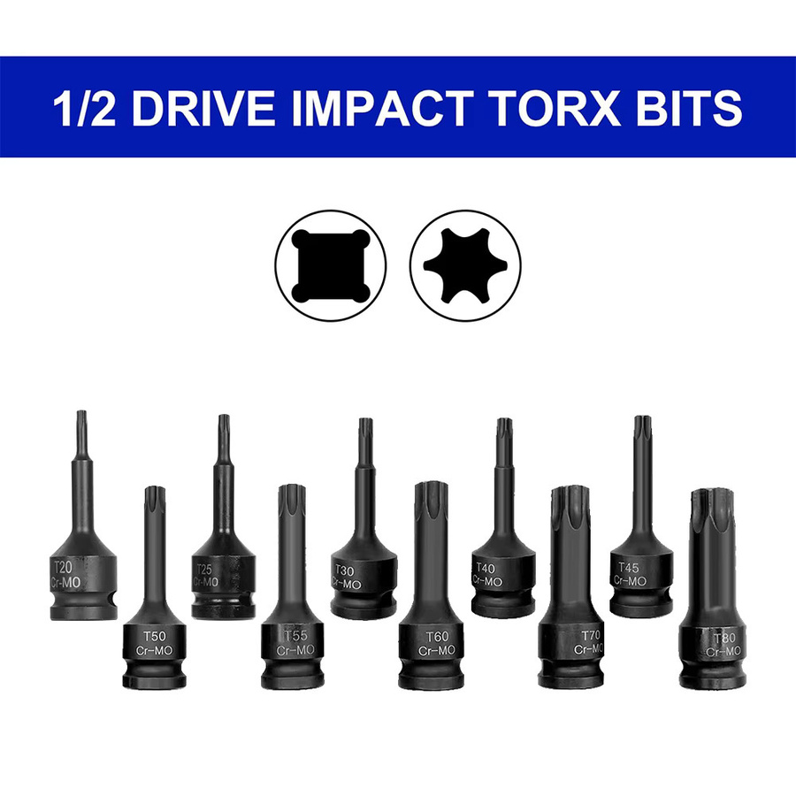 Podofo 10-teiliges Schlagschraubendreher-Bit-Set mit Sechskant, Innensechskant und Torx, 1/2 Zoll Antrieb, inklusive Werkzeugkasten - Bild 4