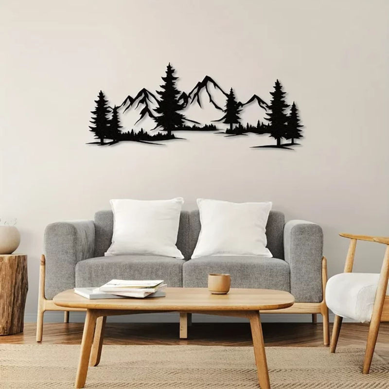 HELLOYOUNG Rustikale Metallic-Wandkunst Wald und Berg in Schwarz zur Wandmontage - Bild 1