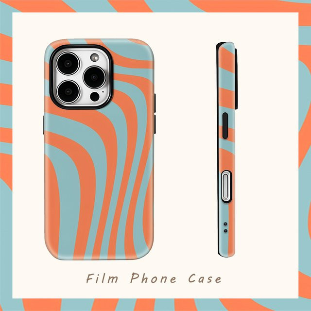 Wellendesign Handyhülle für Apple iPhone 17 Pro Max Plus 16 15 14 13 12 11 in Orange und Blaugrün mit doppellagiger Rückseite - Bild 1