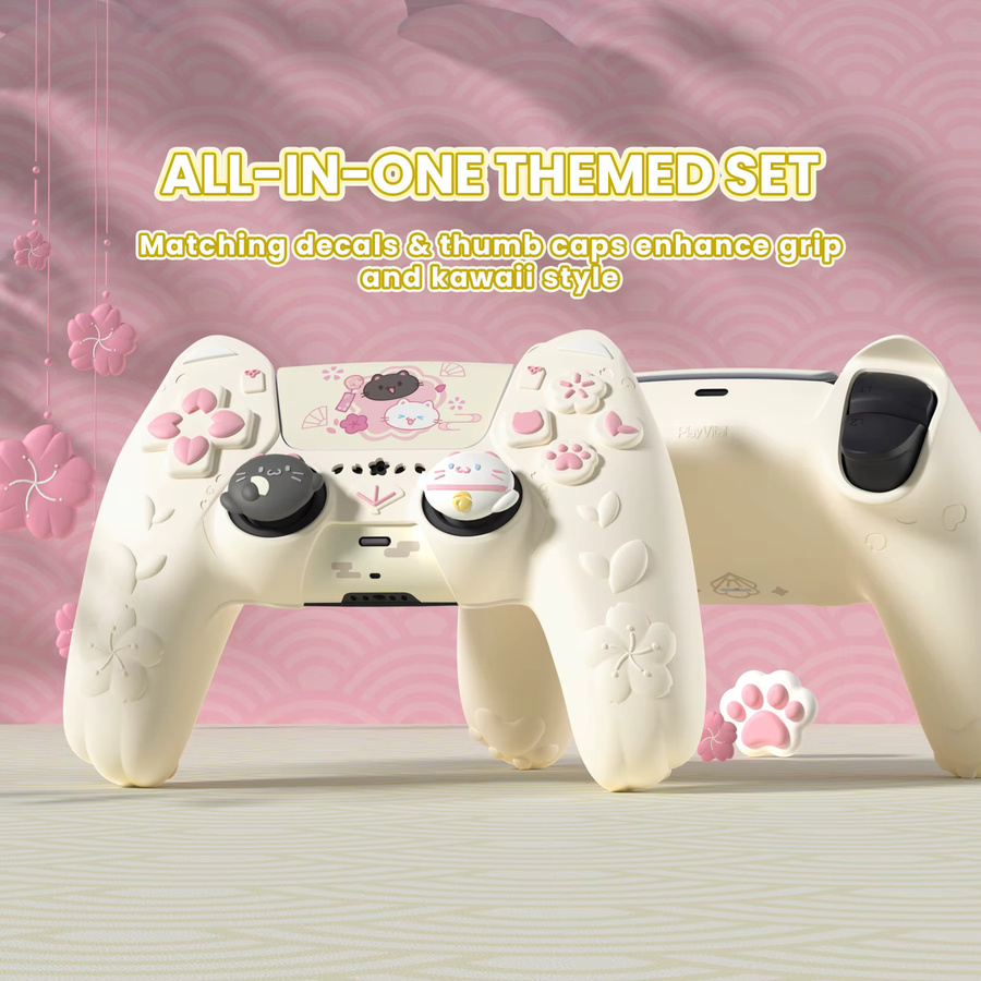PlayVital Controller-Hülle für PS5 mit Kirschblüten-Kätzchen Design, Anti-Rutsch-Schutzhülle aus weichem Gummi mit Daumengriff in Weiß und Gelb - Bild 2
