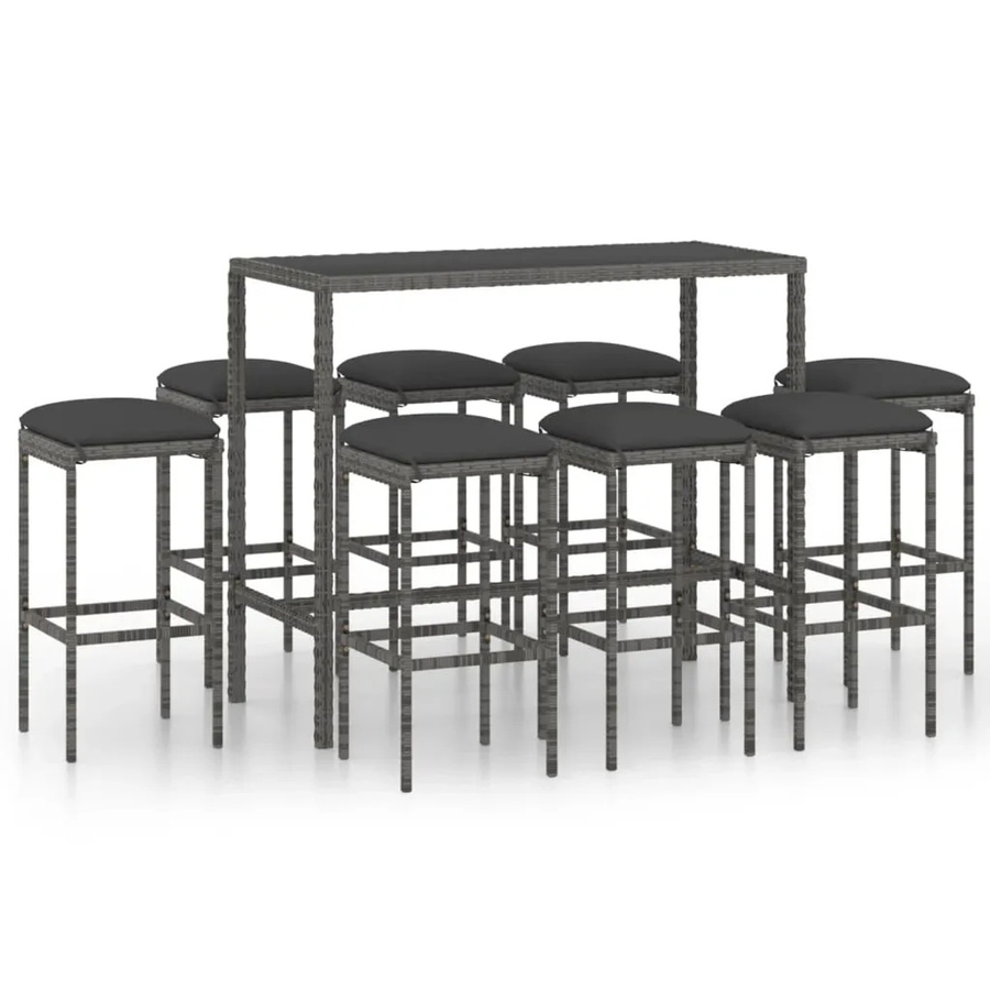 vidaXL 9-tlg Gartenbar-Set aus Poly Rattan mit Kissen in Grau - Bild 2