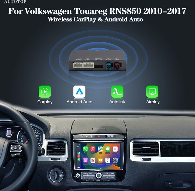 AUTOTOP Wireless Carplay und Android Auto Modul für VW Volkswagen Touareg RNS850 (2010-2018) mit Sprachsteuerung und Mirrorlink in Schwarz - Bild 1