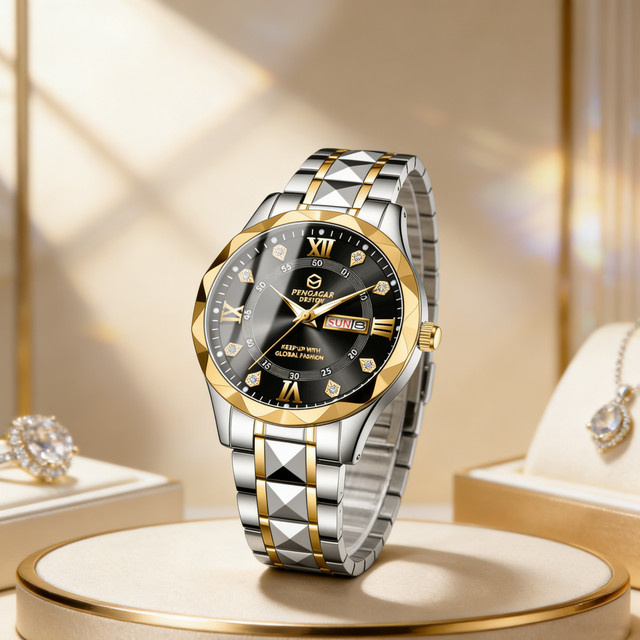 PENGAGAR Armbanduhr Quarz, Edelstahl, Gold, Bicolor, Herren - Bild 1
