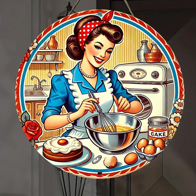 Potdemiel Metall-Wandkunst 2D Flat Vintage Kitchen Baking Cake, rundes Aluminiumschild mit buntem Retro-Design und floralem Muster, Durchmesser: 20,32 cm - Bild 1