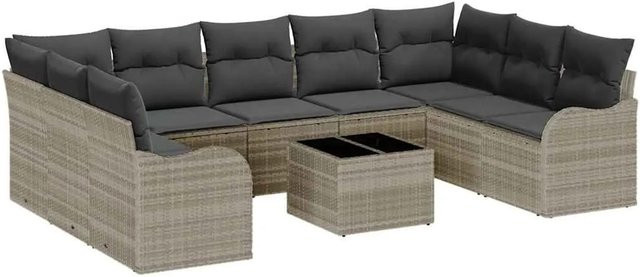 vidaXL Garten-Sofa-Set aus Polyrattan in Hellgrau mit 10-teiligem Polster-Set im L-Shape Design - Bild 1