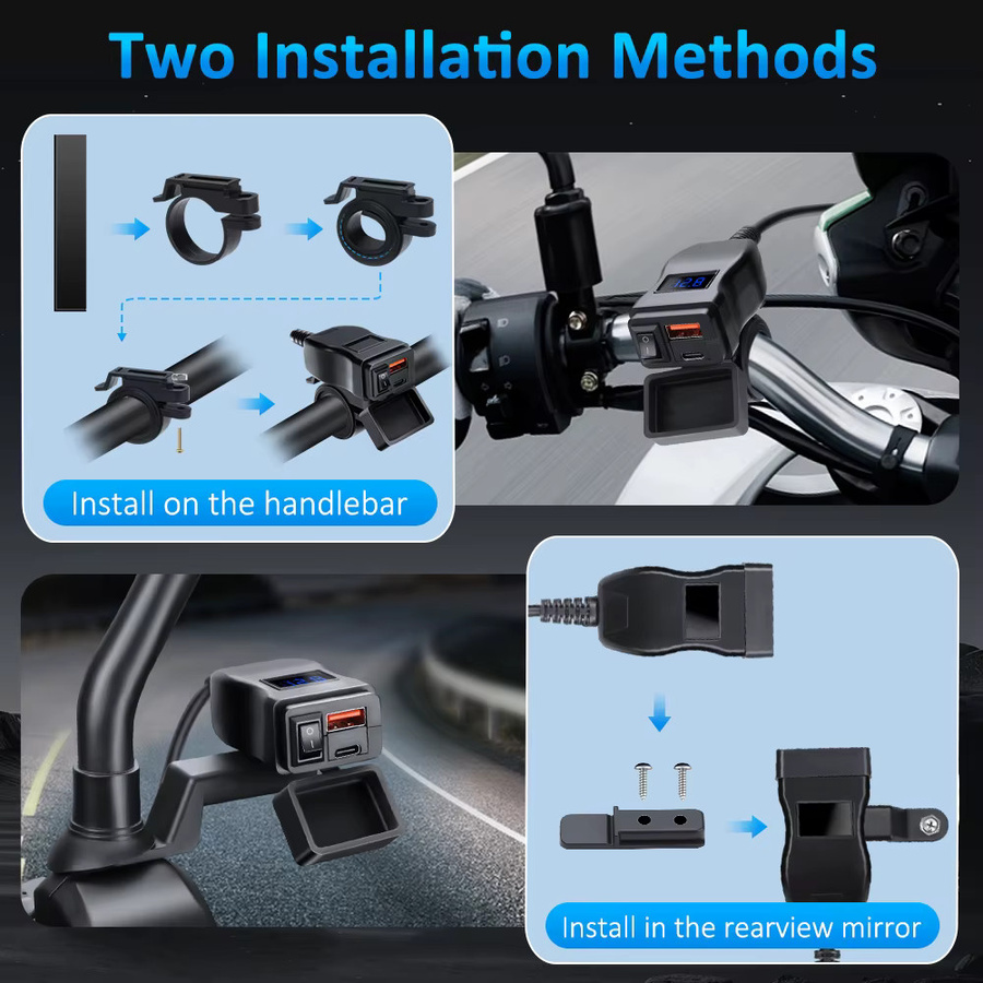 Wasserdichtes Motorrad USB Schnellladegerät mit USB Typ C, 12V Netzteil Adapter und Voltmeter in Schwarz oder Blau - Bild 5