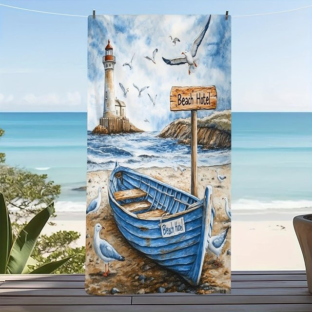 Strandtuch Strandparadies mit blauem Boot und Leuchtturm Motiv von JMG Household Supplies, Farbe: Blau/Mehrfarbig, B/H: 35 x 75 cm - Bild 1