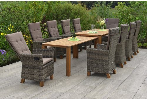 Merxx Gartenmöbelset Toskana 11-teilig mit ausziehbarem Tisch und 10 Sesseln aus Akazienholz und Kunststoffgeflecht in Beige und Braun - Bild 1