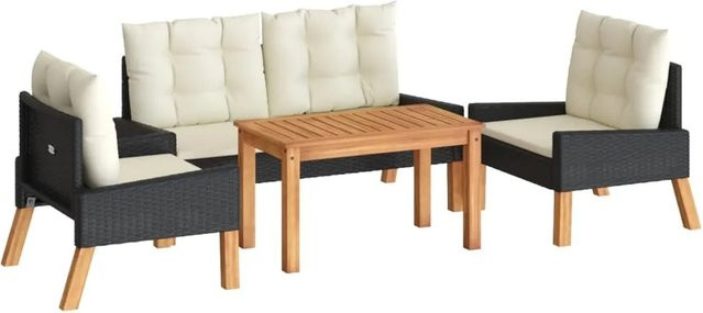 vidaXL 4-tlg Garten-Lounge-Set aus Polyrattan und Akazienmassivholz in Schwarz mit Kissen und Armlehnen - Bild 1