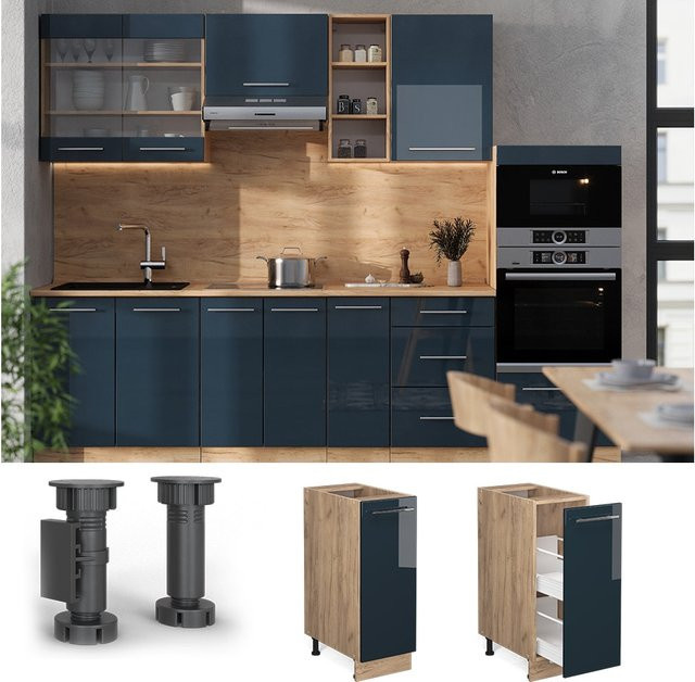 Vicco Apothekerunterschrank Fame-Line Eiche Dunkelblau Hochglanz mit Arbeitsplatte Anthrazit Breite: 30 cm - Bild 1