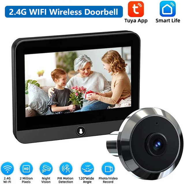 Tuya WLAN Kabellose Video-Türklingel in Schwarz mit 4,3 Zoll Display, HD Überwachungskamera, PIR Bewegungserkennung und Nachtsicht - Bild 1