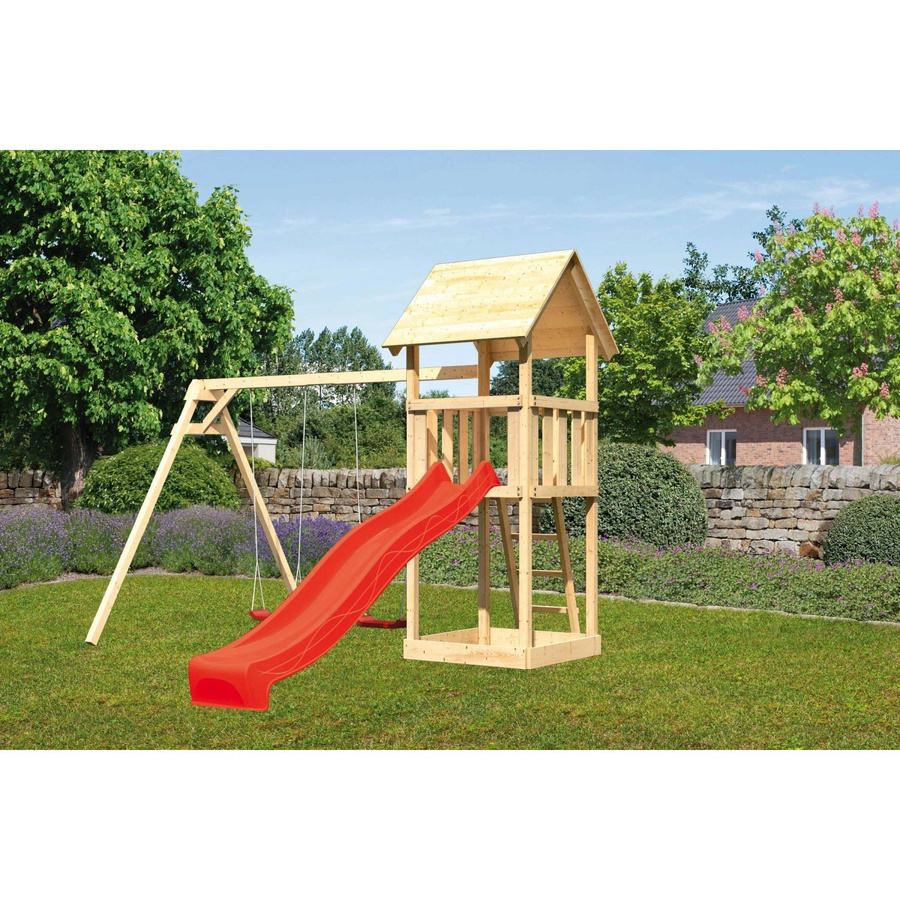 Karibu Spielturm Lotti mit Satteldach, Rutsche und Doppelschaukel in Rot und Braun - Bild 2
