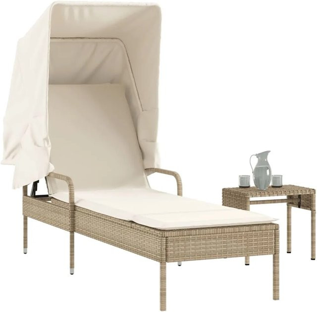 vidaXL Sonnenliege aus PE-Rattan in Beige mit Sonnendach, verstellbarer Kopfstütze und Beistelltisch - Bild 1