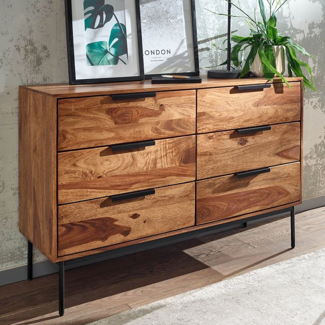 Finebuy Massivholz Schubladenkommode aus Sheesham Holz in Braun und Schwarz mit 6 Schubladen im Industrial Design, B: 120 cm, H: 80 cm, T: 42 cm - Bild 1